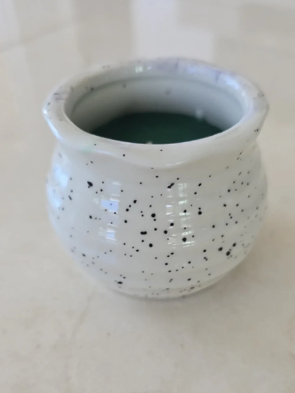 Speckled White Ceramic Candle Jar with Green Tree Accent